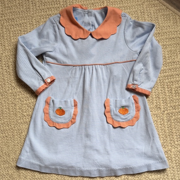 Striped Blue and Orange AVAVINI Pumpkin Kids Dress - Picture 1 of 3